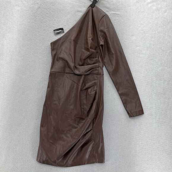 Express Dresses & Skirts - Express Brown Faux‎ Leather One Shoulder Bodycon Dress XS Long Sleeve Party NWT